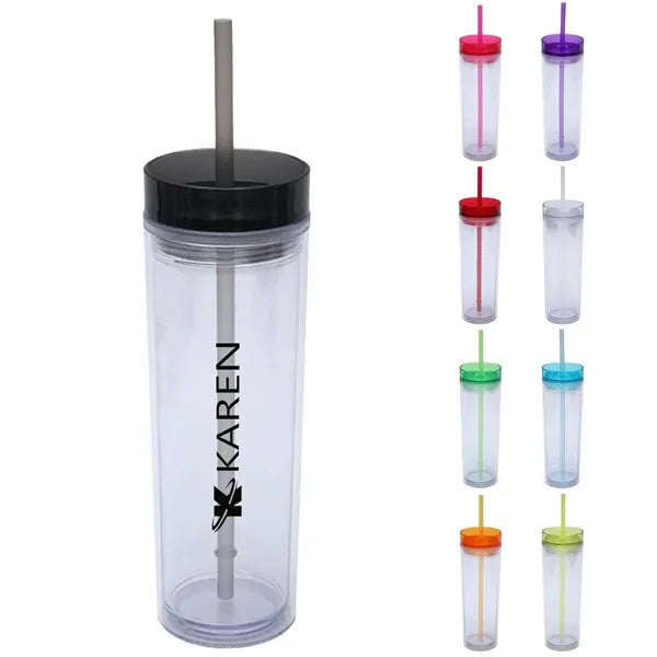 16oz Clear Double-Walled Plastic Tumbler w/ Straw