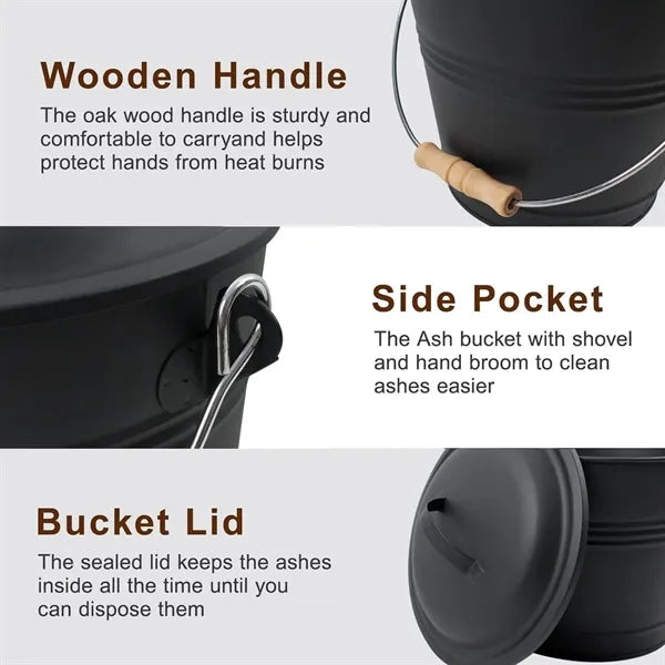 Mini Fireplace Ash Bucket Set w/ Lid, Brush & Shovel