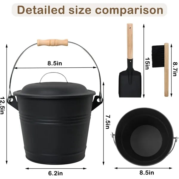 Mini Fireplace Ash Bucket Set w/ Lid, Brush & Shovel