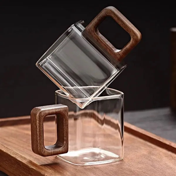 5 oz Wooden Handle Square High Borosilicate Glass Mug
