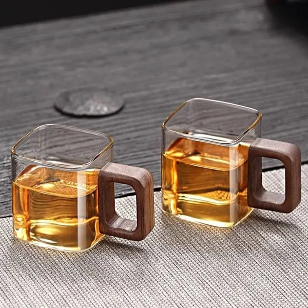 5 oz Wooden Handle Square High Borosilicate Glass Mug