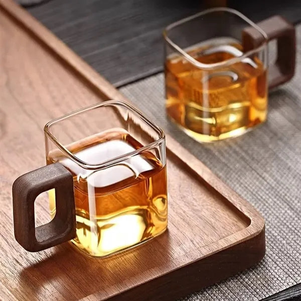 5 oz Wooden Handle Square High Borosilicate Glass Mug
