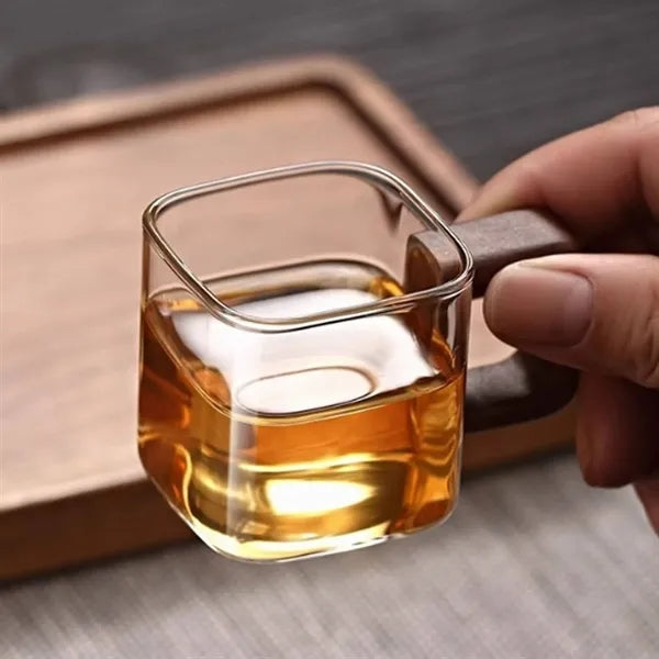 5 oz Wooden Handle Square High Borosilicate Glass Mug