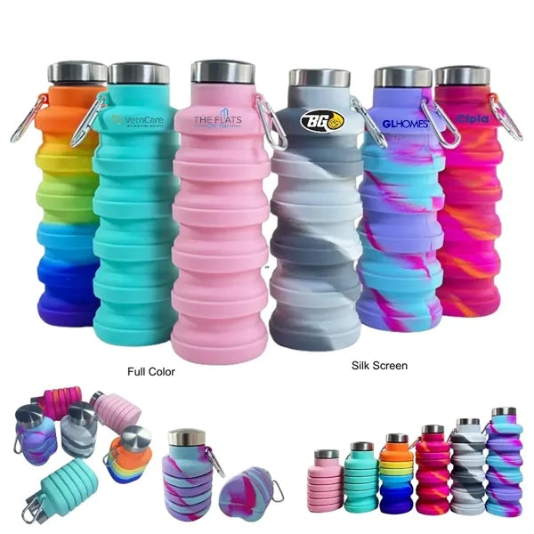 17 oz Collapsible Silicone Sports Water Bottle W/ Carabiner