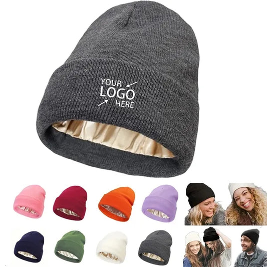 Satin Lined Knit Beanie Soft Warm Slouchy Winter Skull Cap