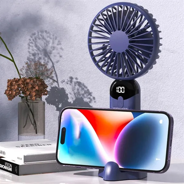 Mini USB Rechargeable LED display Desk Fan with Phone Holder