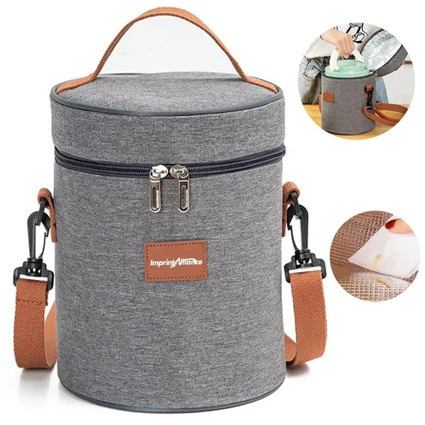 Cylindrical Grey Insulated Cooler Bag Leatherette Accents