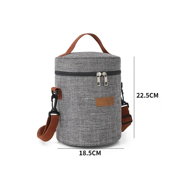 Cylindrical Grey Insulated Cooler Bag Leatherette Accents