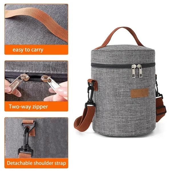 Cylindrical Grey Insulated Cooler Bag Leatherette Accents