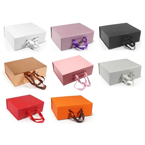 Collapsible Rigid Cardboard Gift Box With Ribbon Handle