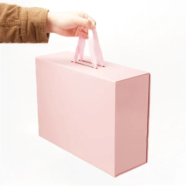 Collapsible Rigid Cardboard Gift Box With Ribbon Handle