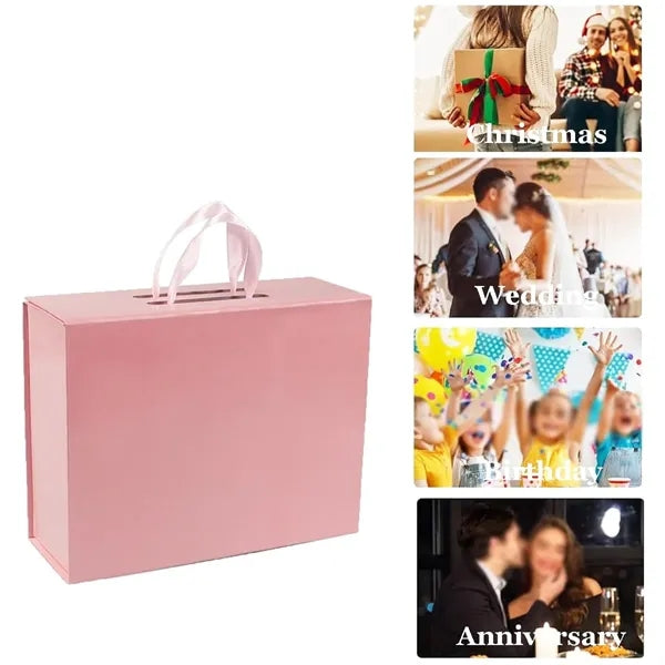 Collapsible Rigid Cardboard Gift Box With Ribbon Handle