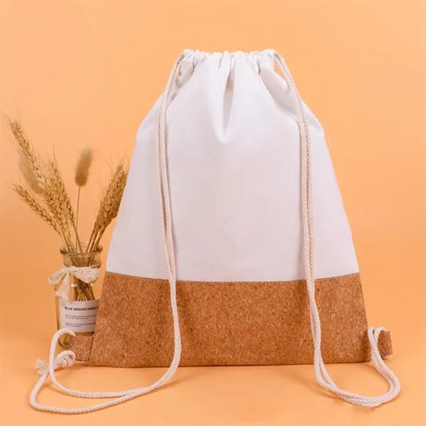 Cork Canvas Splicing Drawstring Sports Backpack Storage Bag