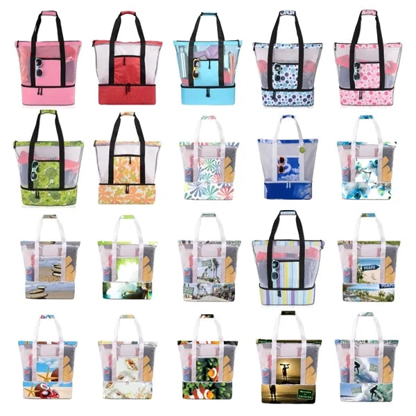 Colorful Mesh Beach Tote with Insulated Cooler Compartment
