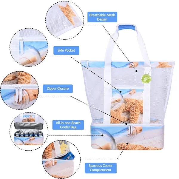 Colorful Mesh Beach Tote with Insulated Cooler Compartment