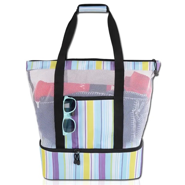 Colorful Mesh Beach Tote with Insulated Cooler Compartment