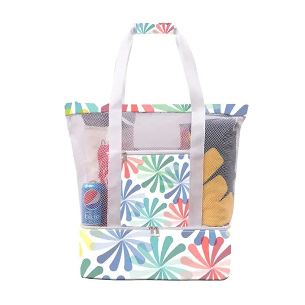 Colorful Mesh Beach Tote with Insulated Cooler Compartment