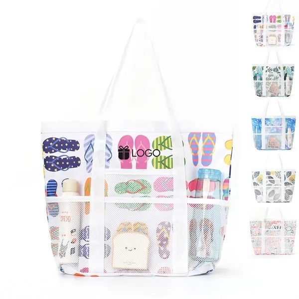 Colorful Print Mesh Tote Bag with Side Pockets