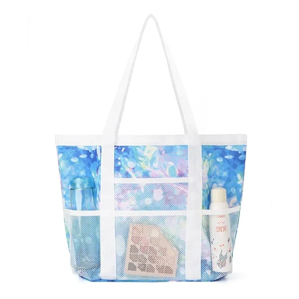 Colorful Print Mesh Tote Bag with Side Pockets