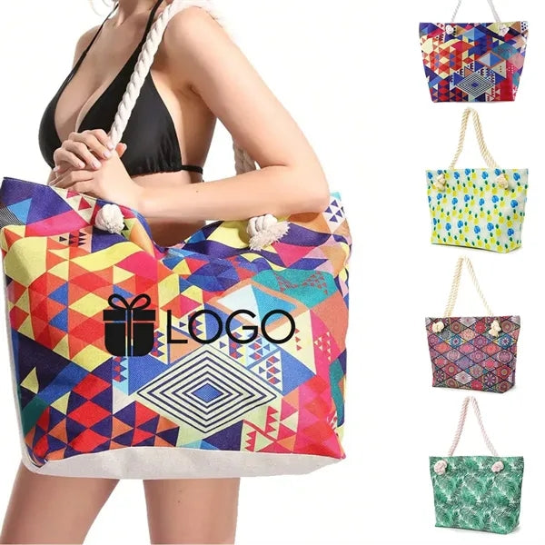 Colorful Print Rope Handle Beach Tote Bag