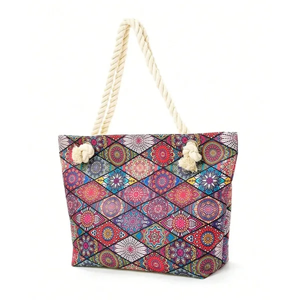 Colorful Print Rope Handle Beach Tote Bag