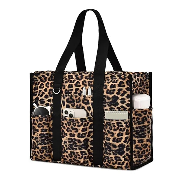 Large Leopard Print Multi Pocket Beach Tote Bag