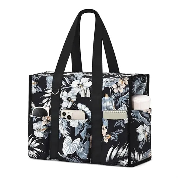 Large Leopard Print Multi Pocket Beach Tote Bag