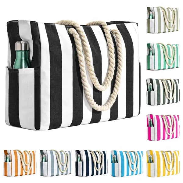 Striped Rope Handle Beach Tote with Pockets