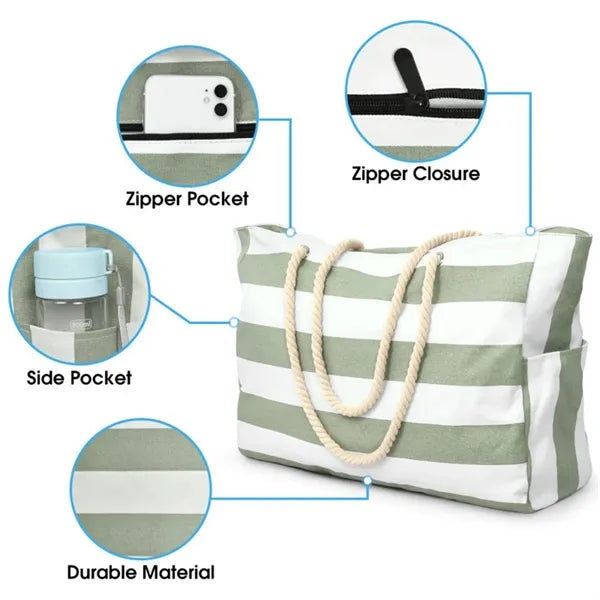 Striped Rope Handle Beach Tote with Pockets
