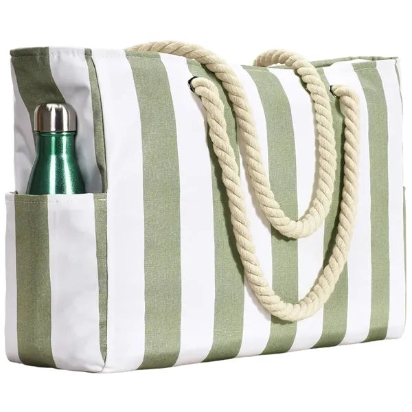 Striped Rope Handle Beach Tote with Pockets