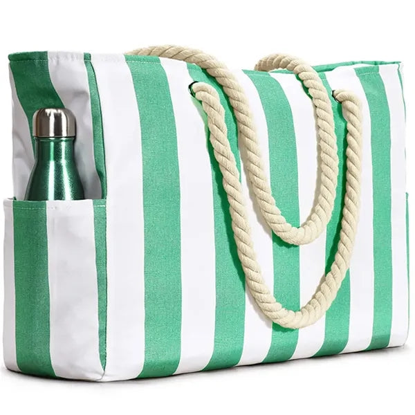 Striped Rope Handle Beach Tote with Pockets