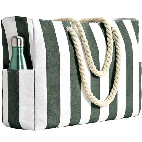 Striped Rope Handle Beach Tote with Pockets