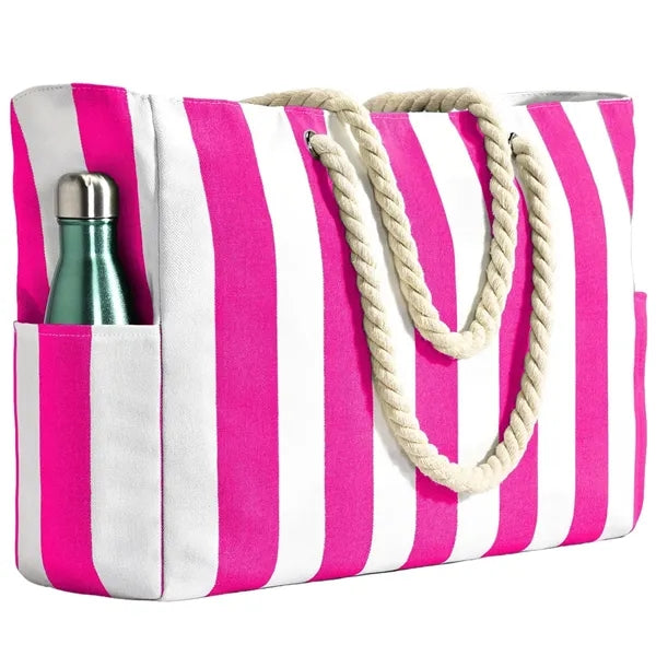 Striped Rope Handle Beach Tote with Pockets