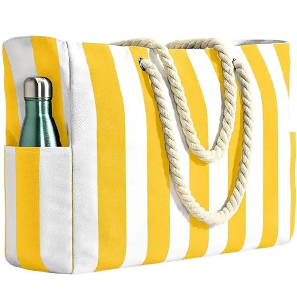 Striped Rope Handle Beach Tote with Pockets