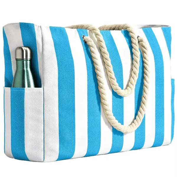 Striped Rope Handle Beach Tote with Pockets