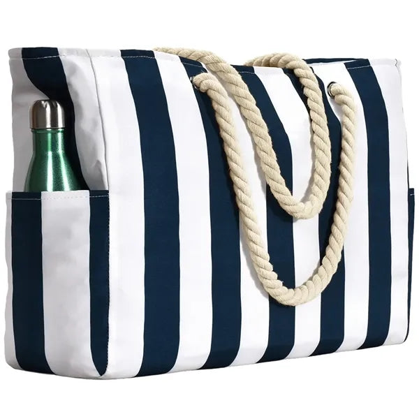Striped Rope Handle Beach Tote with Pockets