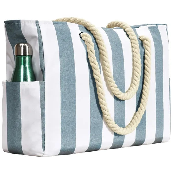 Striped Rope Handle Beach Tote with Pockets