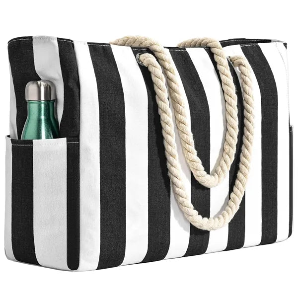 Striped Rope Handle Beach Tote with Pockets