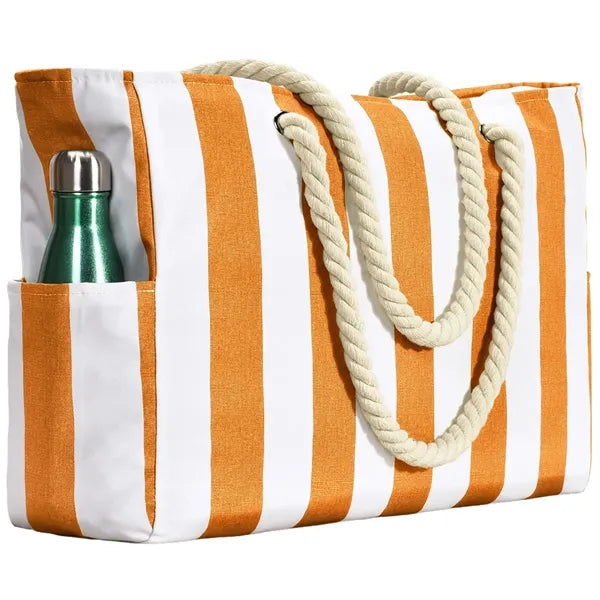 Striped Rope Handle Beach Tote with Pockets