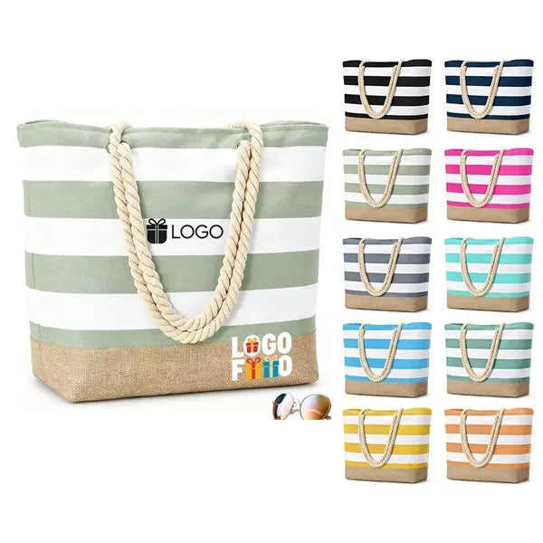 15.7in Striped Rope Handle Waterproof Sandproof Beach Tote