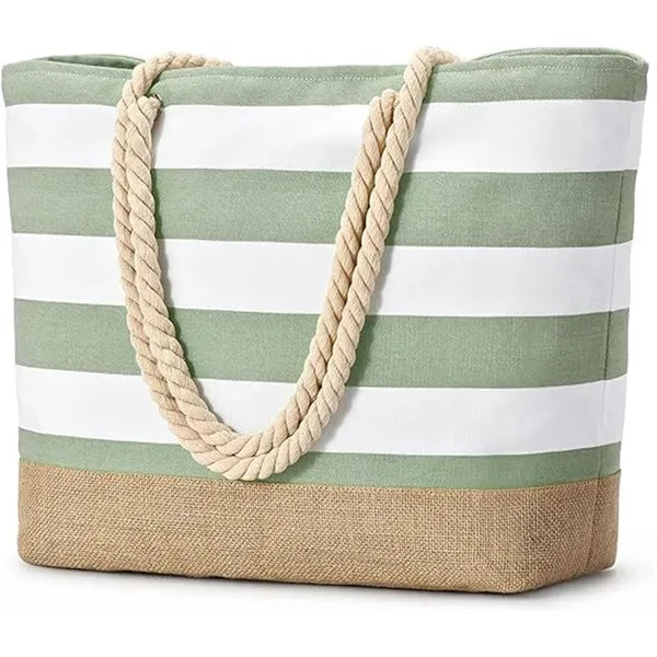 15.7in Striped Rope Handle Waterproof Sandproof Beach Tote