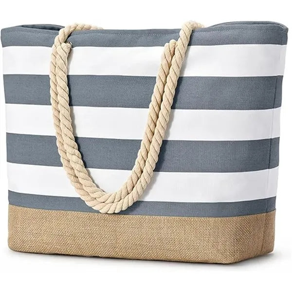 15.7in Striped Rope Handle Waterproof Sandproof Beach Tote