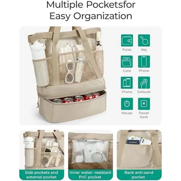 2 in 1 Mesh Insulated Cooler Beach Tote Bag