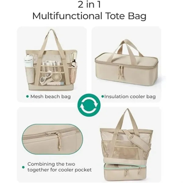 2 in 1 Mesh Insulated Cooler Beach Tote Bag