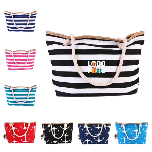 20in Nautical Stripe Rope Handle Canvas Beach Tote