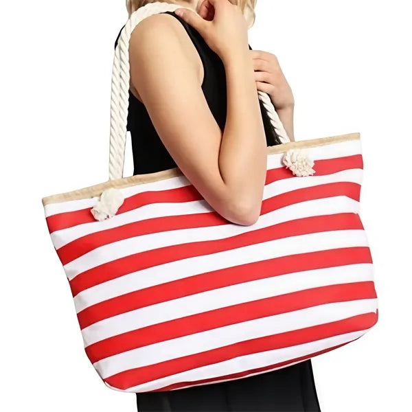 20in Nautical Stripe Rope Handle Canvas Beach Tote