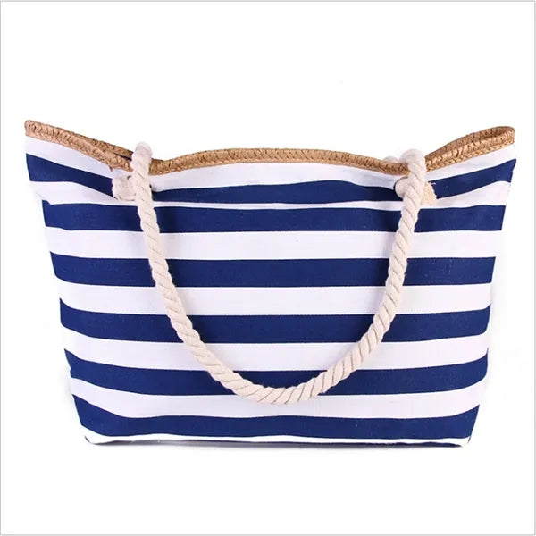 20in Nautical Stripe Rope Handle Canvas Beach Tote
