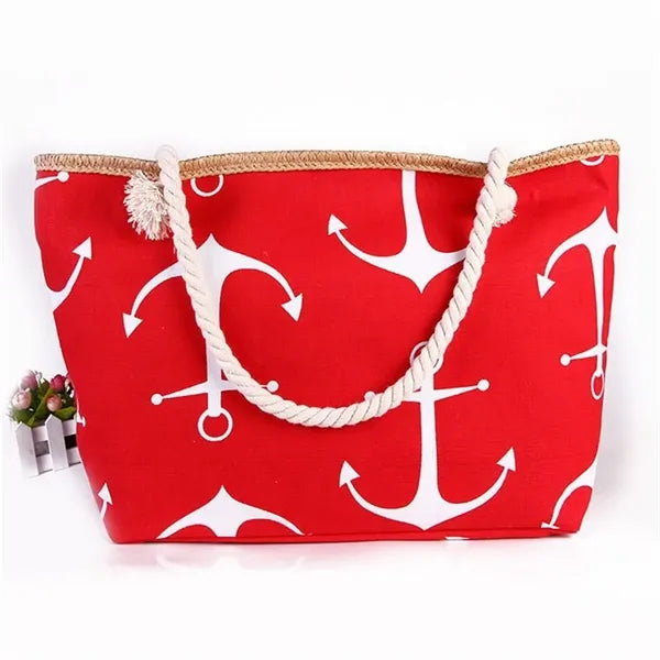 20in Nautical Stripe Rope Handle Canvas Beach Tote