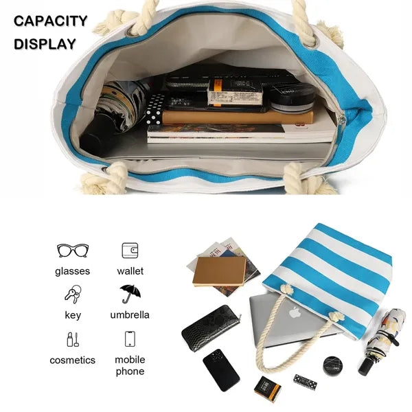 17in Striped Rope Handle Waterproof Large Tote Bag