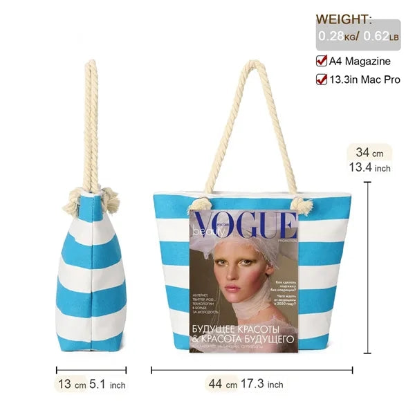 17in Striped Rope Handle Waterproof Large Tote Bag